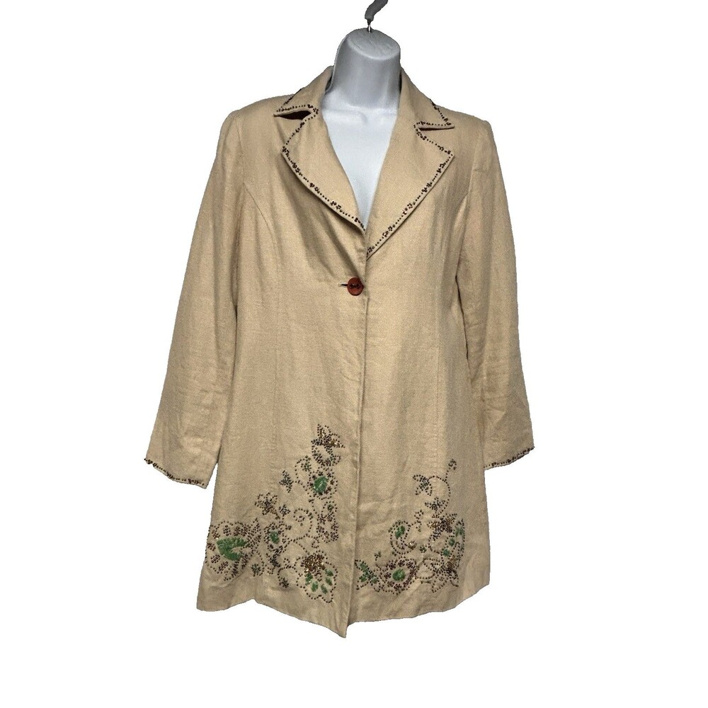 Pursuits Women's Size 8 100% Linen Tan Beaded Lined Blazer 1 Button Notch Lapel